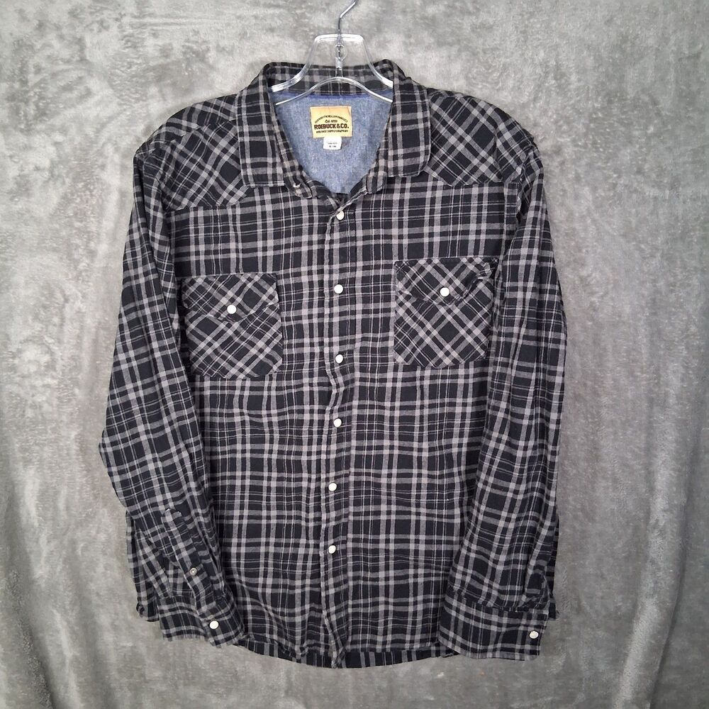 Roebuck Y Co Pearl Snap Plaid Flannel Shirt Mens Xl Black Grey VTG